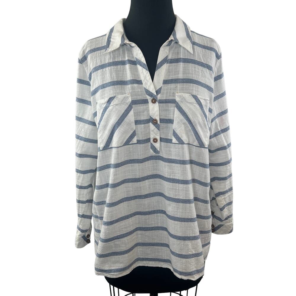 Soft Surrounding White Blue Top Cotton Striped Collared Half Placket Size XL